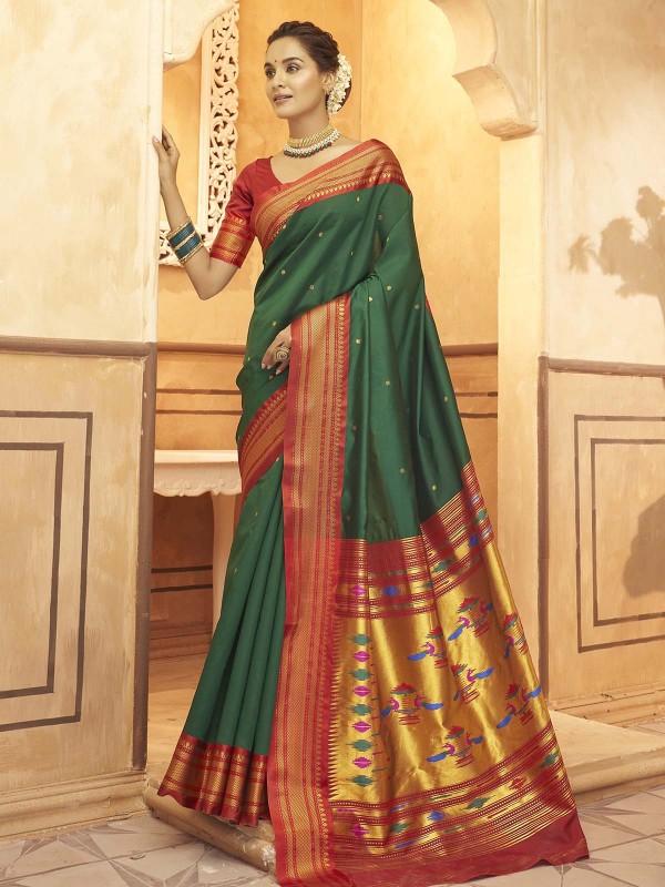 Dark Green Soft Silk Paithani Print Saree